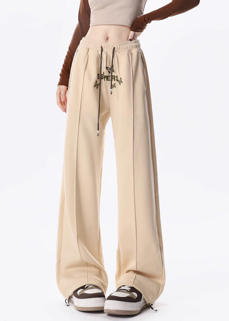 Apricot Butterfly Embroidered Warm Fleece Wide Leg Pants Spring