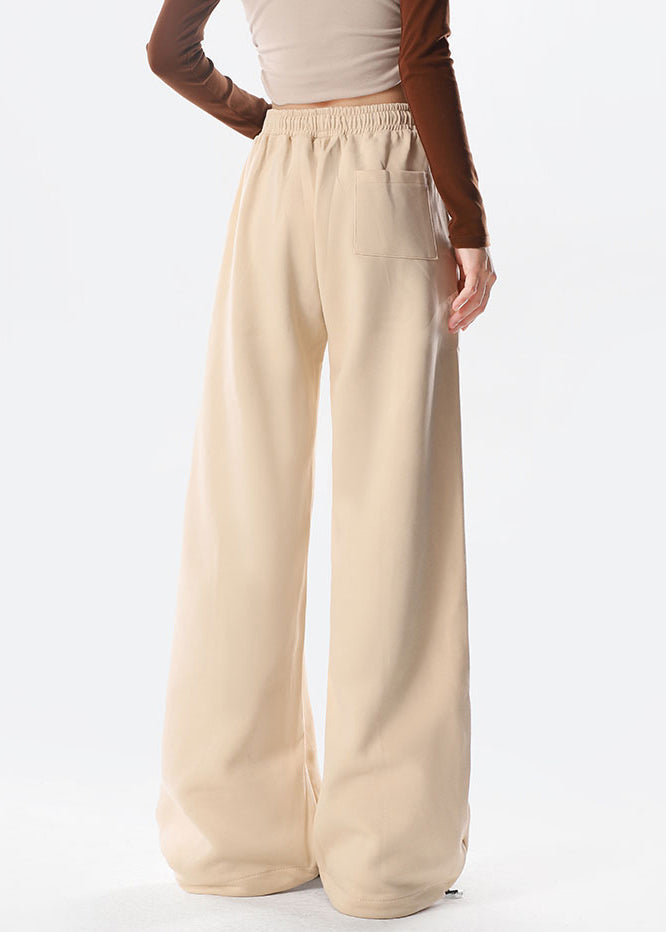 Apricot Butterfly Embroidered Warm Fleece Wide Leg Pants Spring