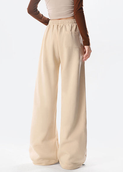 Apricot Butterfly Embroidered Warm Fleece Wide Leg Pants Spring