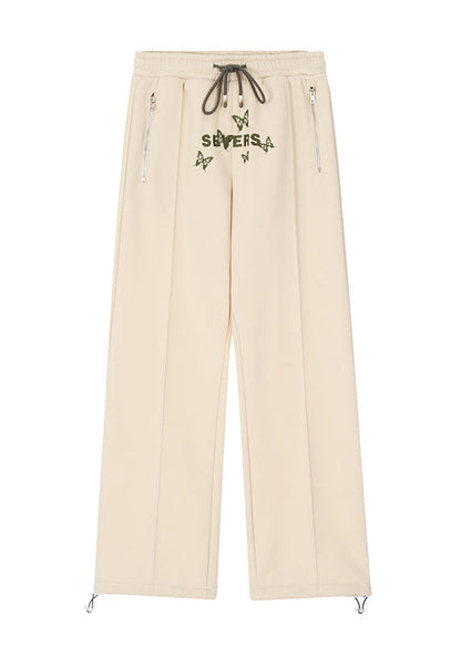 Apricot Butterfly Embroidered Warm Fleece Wide Leg Pants Spring