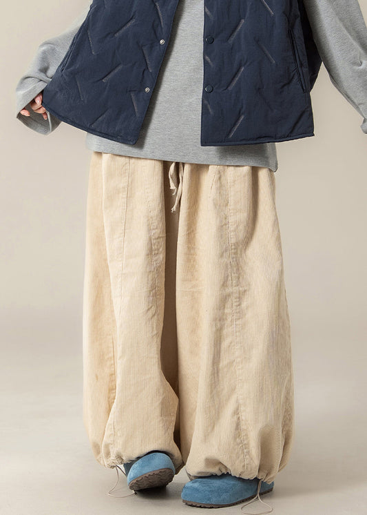 Apricot Drawstring High Waist Cotton Beam Pants Spring