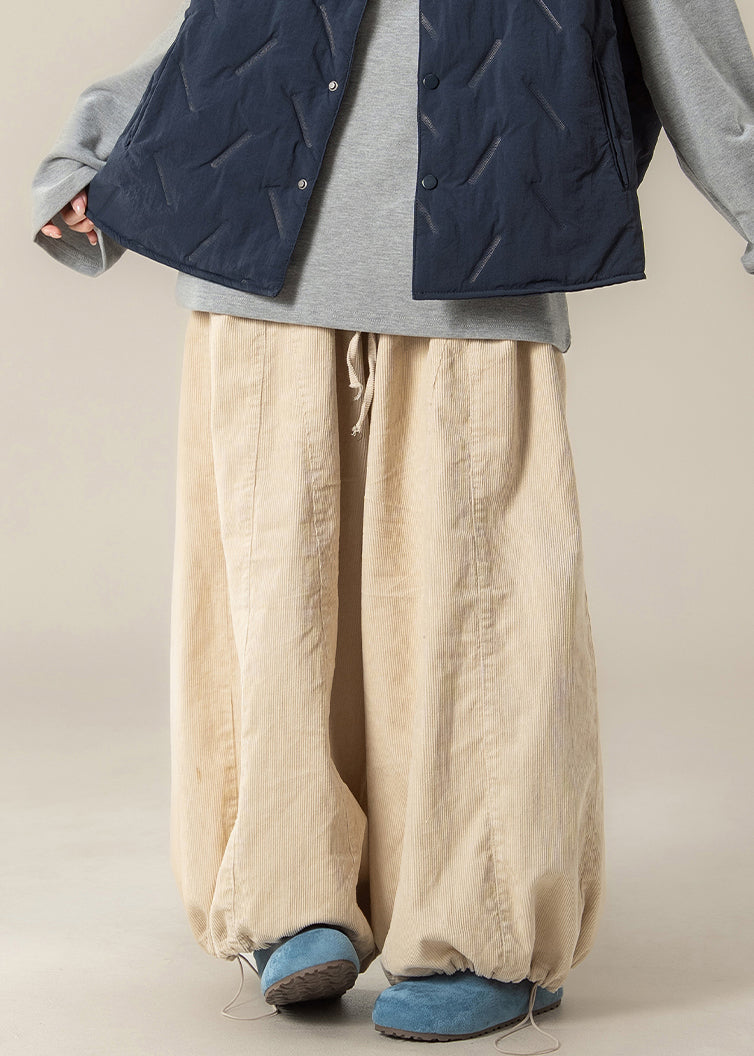 Apricot Drawstring High Waist Cotton Beam Pants Spring