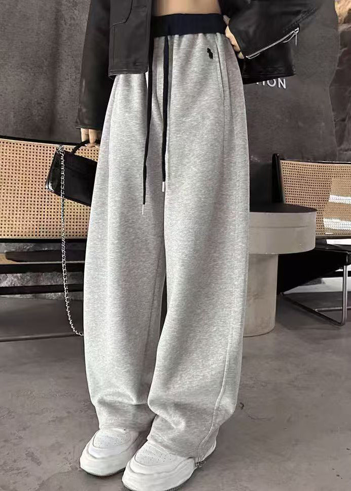 Apricot Elastic Waist Warm Fleece Wide Leg Pants Winter