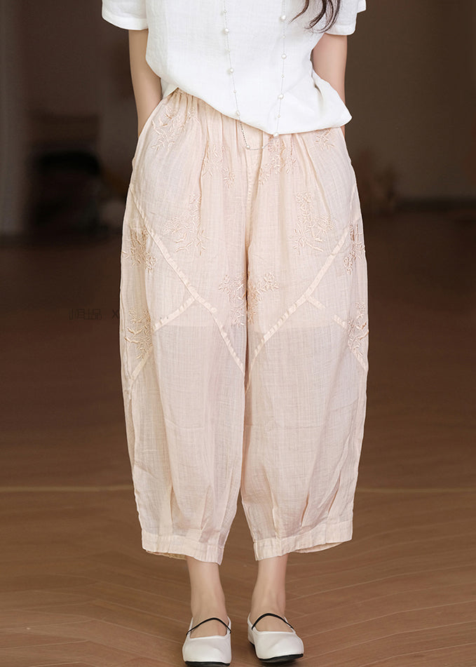 Apricot Embroidered Pockets Linen Crop Pants Summer
