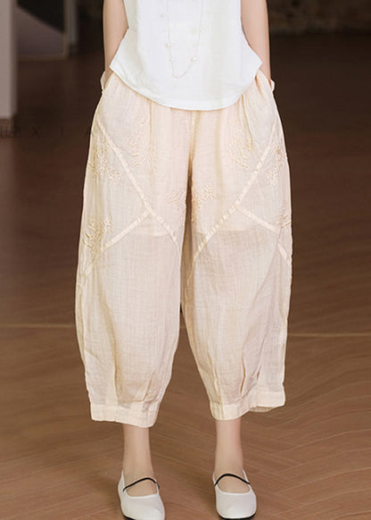 Apricot Embroidered Pockets Linen Crop Pants Summer