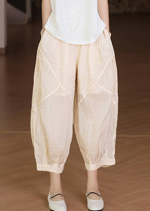 Apricot Embroidered Pockets Linen Crop Pants Summer