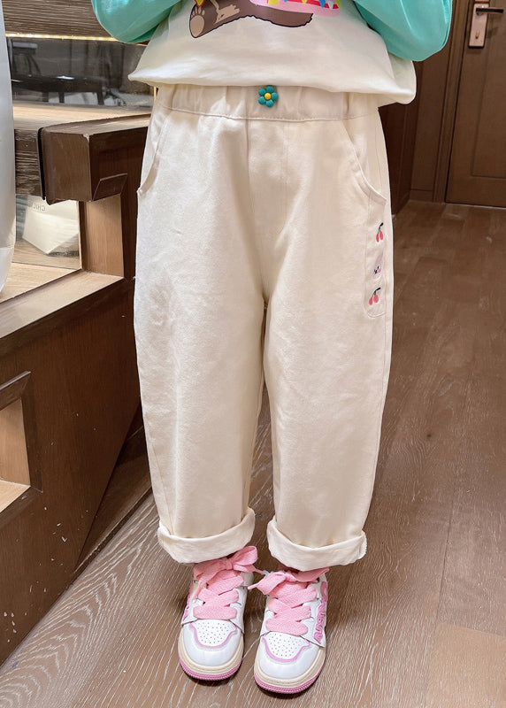 Apricot Embroideried Pockets Kids Straight Pants Spring