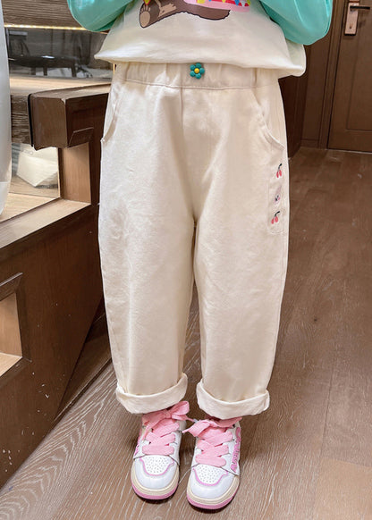 Apricot Embroideried Pockets Kids Straight Pants Spring