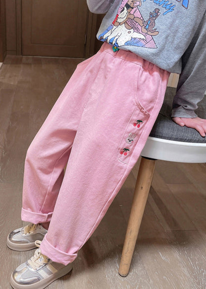 Apricot Embroideried Pockets Kids Straight Pants Spring