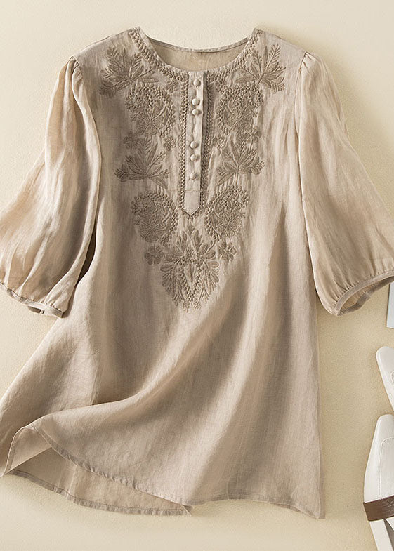 Apricot Embroideried Wrinkled Patchwork Cotton T Shirt Summer