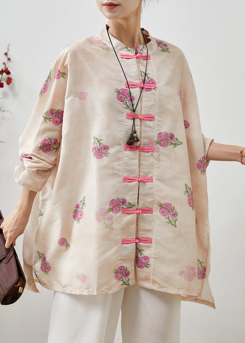 Apricot Chinese Button Linen Loose Shirt Top Spring