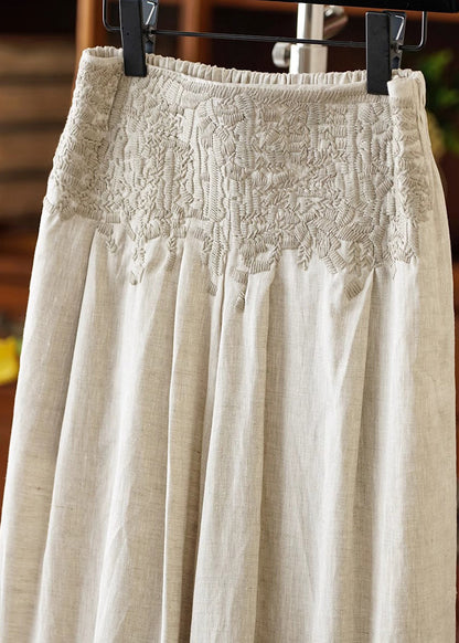 Apricot High Waist Embroidered Linen Wide Leg Pants Spring