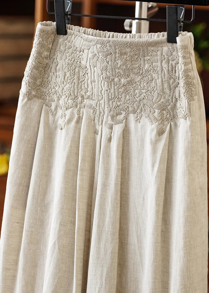 Apricot High Waist Embroidered Linen Wide Leg Pants Spring