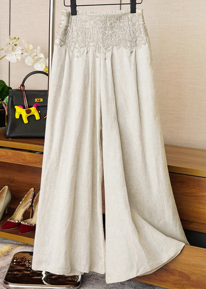 Apricot High Waist Embroidered Linen Wide Leg Pants Spring