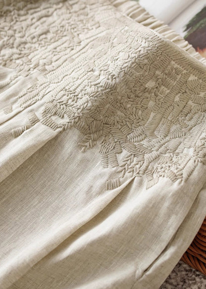 Apricot High Waist Embroidered Linen Wide Leg Pants Spring