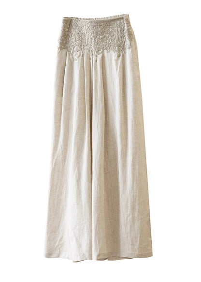 Apricot High Waist Embroidered Linen Wide Leg Pants Spring