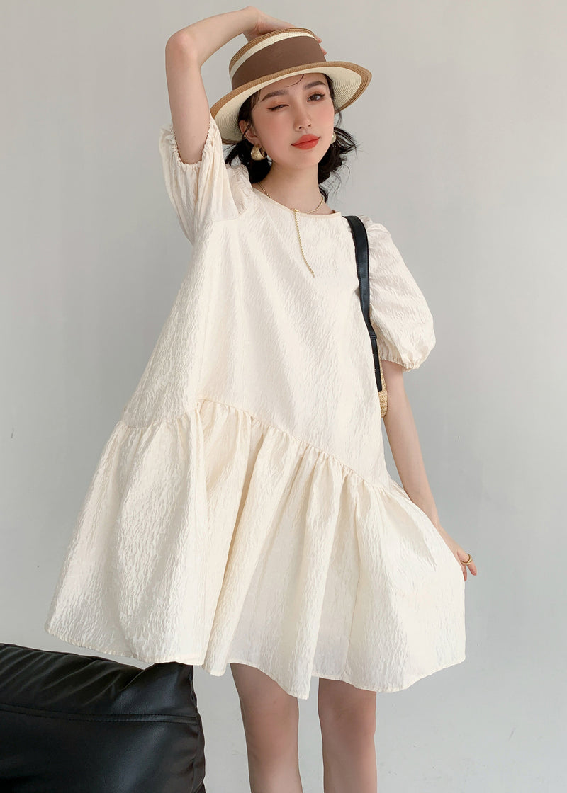 Apricot O Neck Patchwork Wrinkled Cotton Mid Dress Puff Sleeve