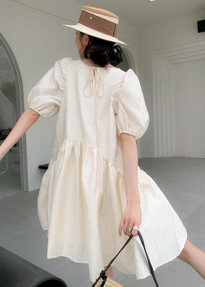 Apricot O Neck Patchwork Wrinkled Cotton Mid Dress Puff Sleeve