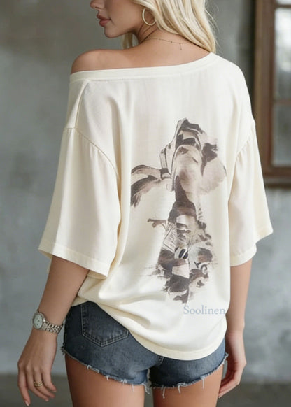 Apricot O Neck Print Cotton T Shirt Summer