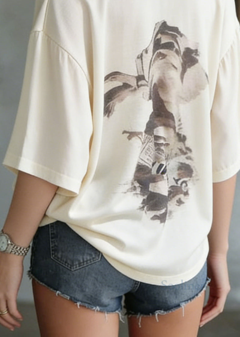 Apricot O Neck Print Cotton T Shirt Summer