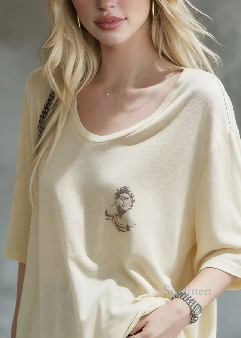Apricot O Neck Print Cotton T Shirt Summer