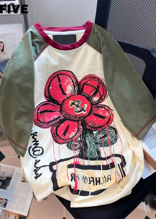 Apricot O Neck Print Cotton T Shirts Summer