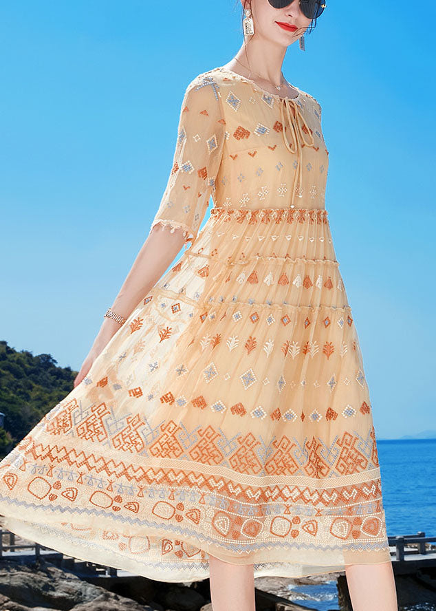 Apricot O-neck Ruffled Print Tassel Silk Holiday Dress Half Sleeve