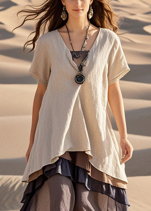 Apricot Oversized Patchwork Cotton Fake Two Piece Dress Summer