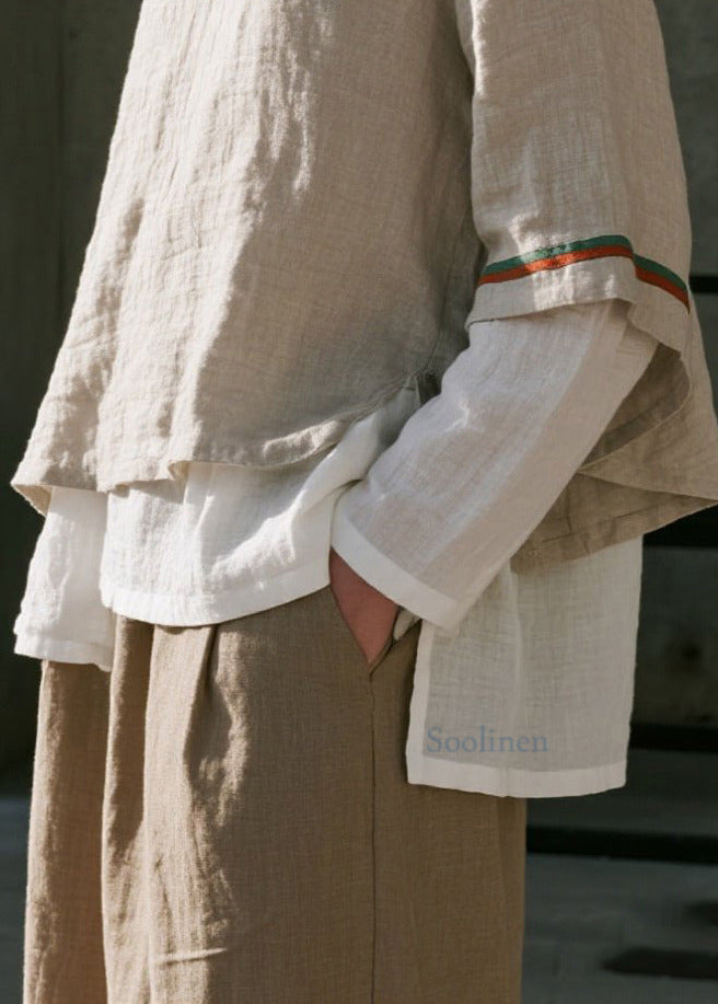 Apricot Oversized Patchwork Cotton Fake Two Piece Shirts Spring