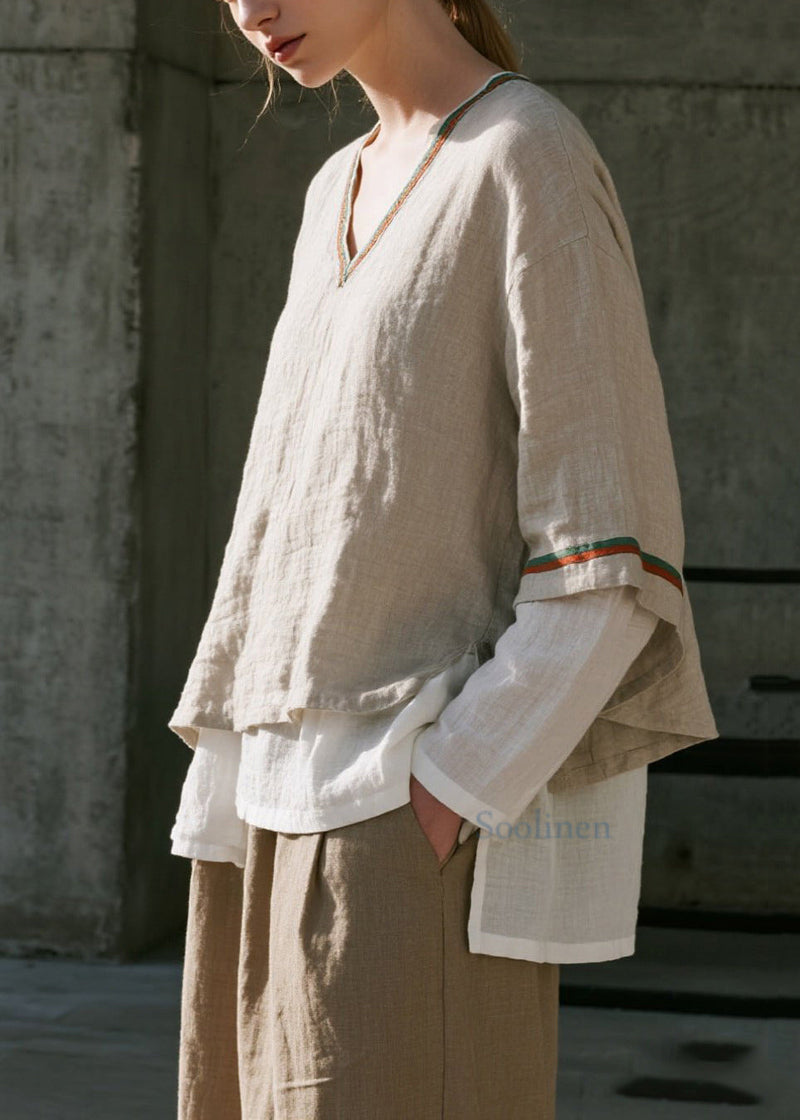 Apricot Oversized Patchwork Cotton Fake Two Piece Shirts Spring