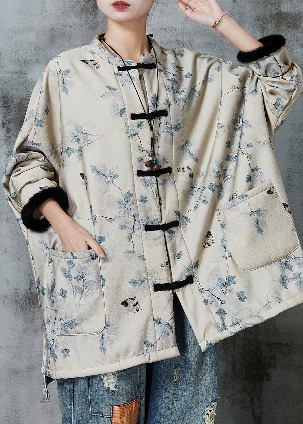 Apricot Oversized Print Warm Fleece Coat Outwear Spring