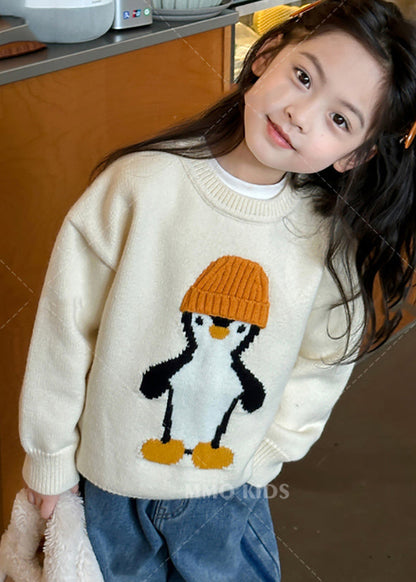 Apricot Penguin Print Cotton Knit Sweater Tops Spring