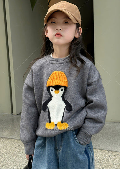Apricot Penguin Print Cotton Knit Sweater Tops Spring