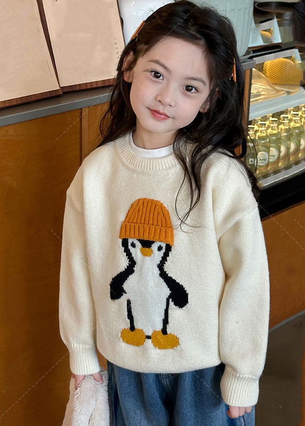 Apricot Penguin Print Cotton Knit Sweater Tops Spring