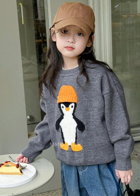 Apricot Penguin Print Cotton Knit Sweater Tops Spring