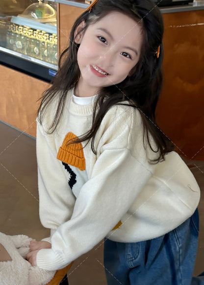 Apricot Penguin Print Cotton Knit Sweater Tops Spring