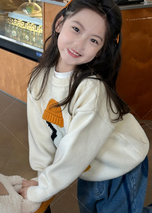 Apricot Penguin Print Cotton Knit Sweater Tops Spring