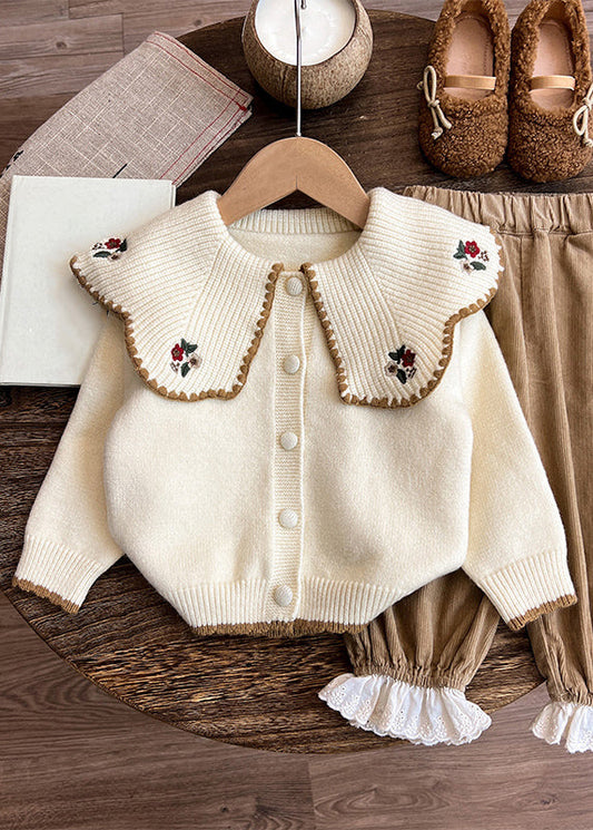 Apricot Peter Pan Collar Embroideried Cotton Knit Kids Cardigan and Pants Two Pieces Set Spring