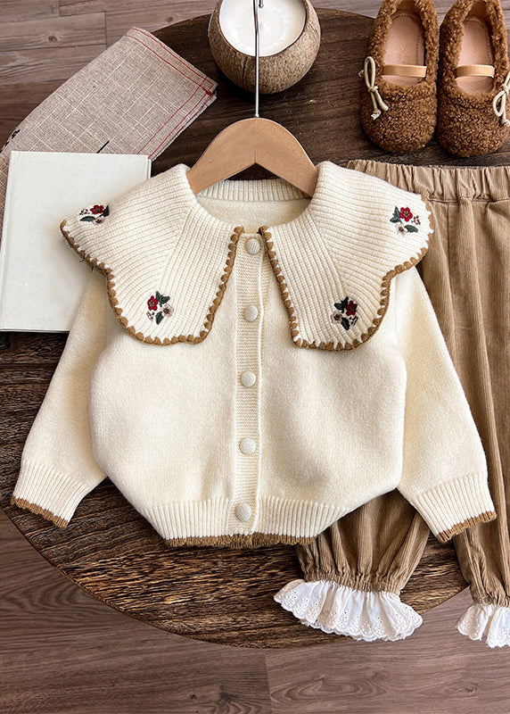 Apricot Peter Pan Collar Embroideried Cotton Knit Kids Cardigan and Pants Two Pieces Set Spring