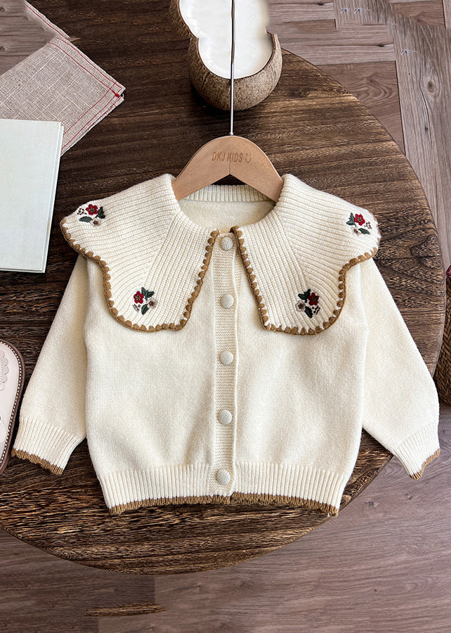 Apricot Peter Pan Collar Embroideried Cotton Knit Kids Cardigan and Pants Two Pieces Set Spring
