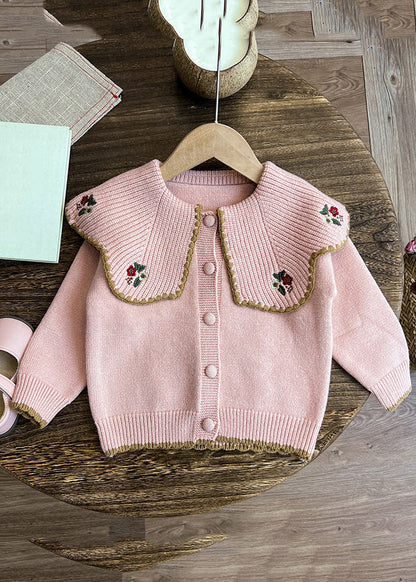 Apricot Peter Pan Collar Embroideried Cotton Knit Kids Cardigan and Pants Two Pieces Set Spring