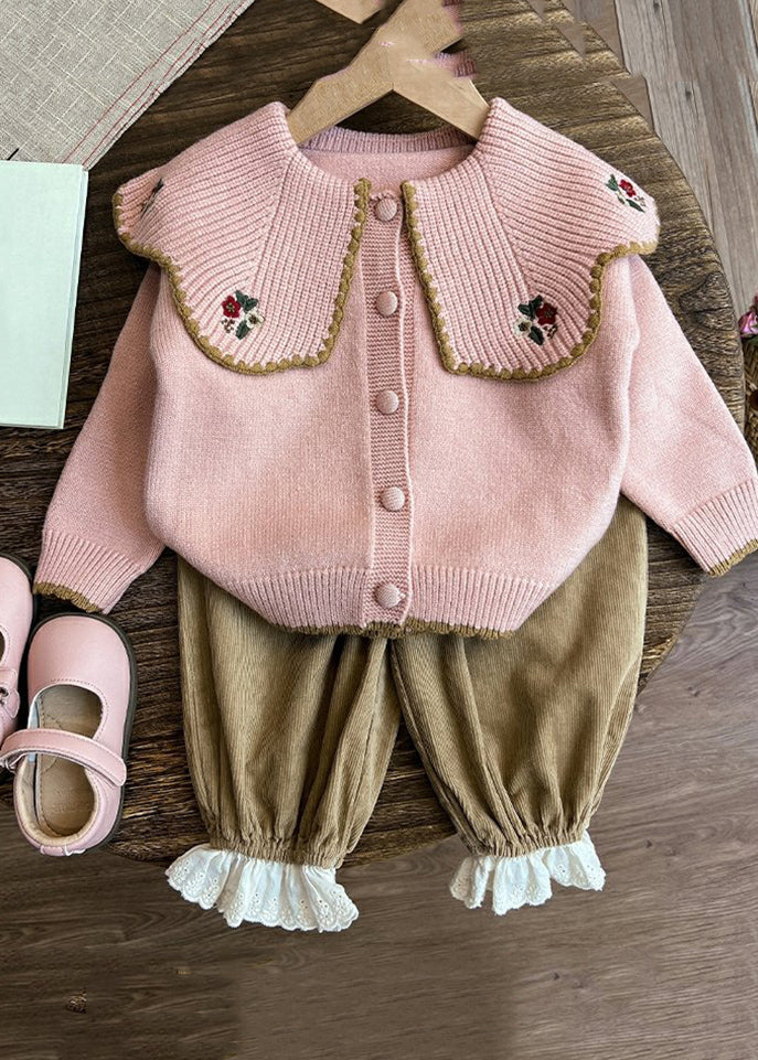 Apricot Peter Pan Collar Embroideried Cotton Knit Kids Cardigan and Pants Two Pieces Set Spring