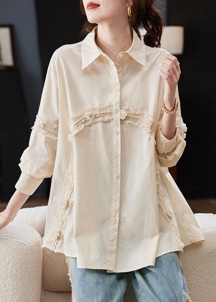 Casual Apricot Peter Pan Collar Ruffled Patchwork Cotton Shirt Spring