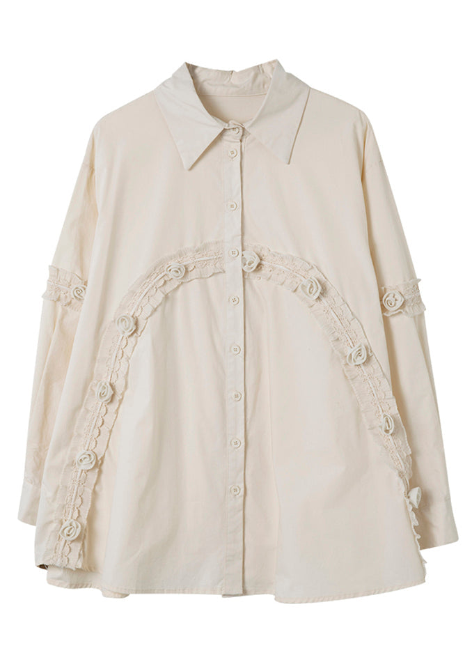 Casual Apricot Peter Pan Collar Ruffled Patchwork Cotton Shirt Spring