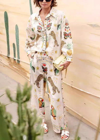 Apricot Peter Pan Collar Tiger Print Shirts and Wide Leg Pants Two Piece Set Fall