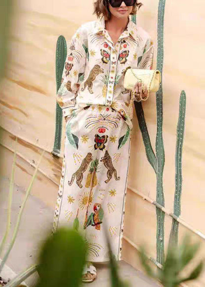 Apricot Peter Pan Collar Tiger Print Shirts and Wide Leg Pants Two Piece Set Fall