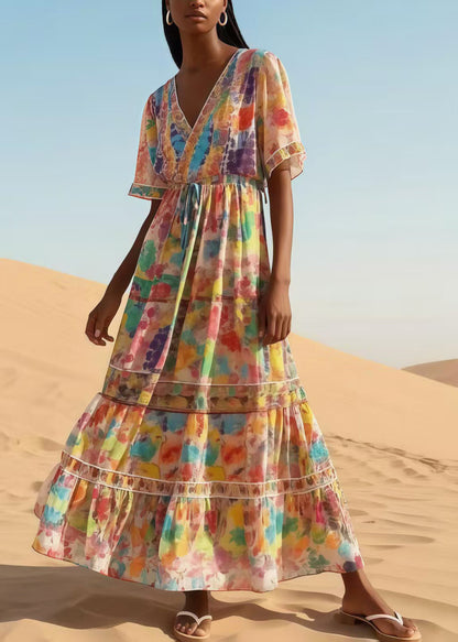 Apricot Print Chiffon Maxi Dresses Summer