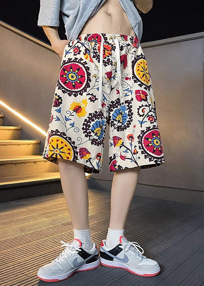 Apricot Print Elastic Waist Cotton Beach Shorts Summer