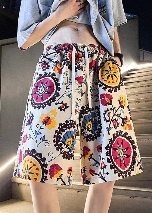 Apricot Print Elastic Waist Cotton Beach Shorts Summer