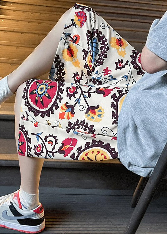 Apricot Print Elastic Waist Cotton Beach Shorts Summer